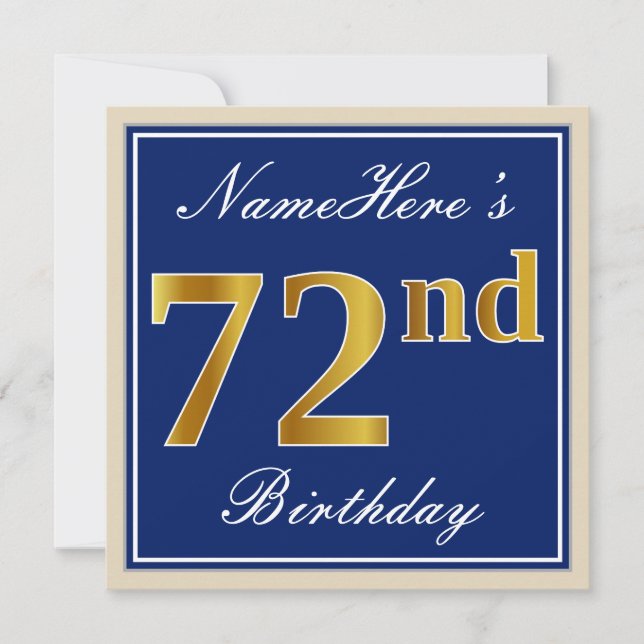 Invitación Elegante, Azul, Faux Gold 72 cumpleaños + nombre (Anverso)