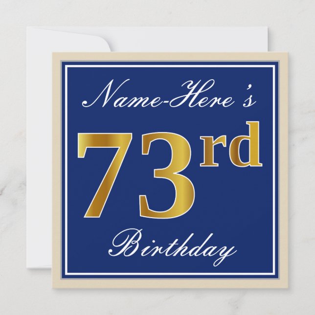 Invitación Elegante, Azul, Faux Gold 73 cumpleaños + Nombre (Anverso)