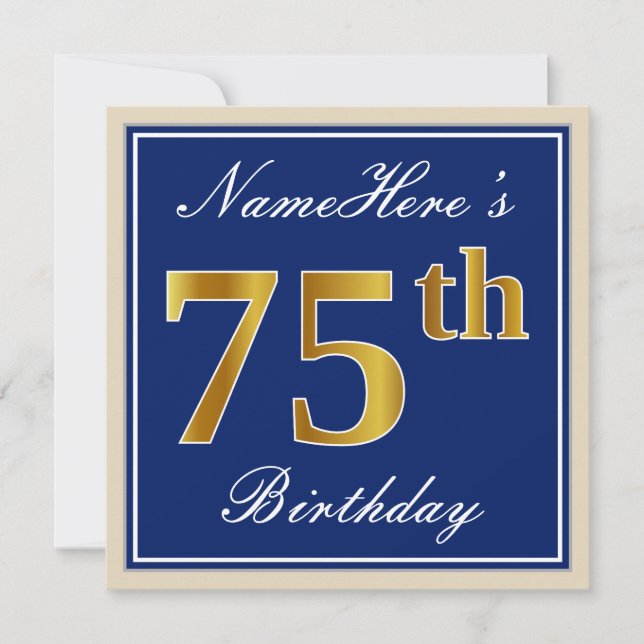 Invitación Elegante, Azul, Faux Gold 75th Birthday + Nombre (Anverso)