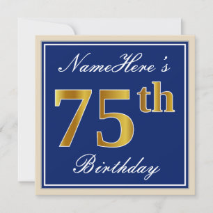 Invitación Elegante, Azul, Faux Gold 75th Birthday + Nombre