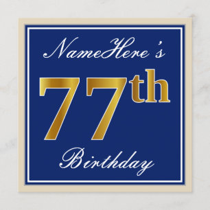Invitación Elegante, Azul, Faux Gold 77th Birthday + Nombre