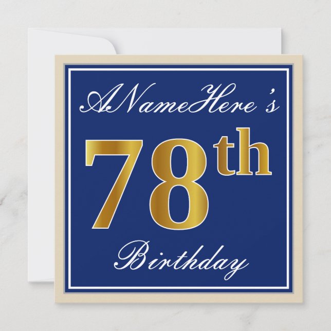 Invitación Elegante, Azul, Faux Gold 78th Birthday + Nombre (Anverso)