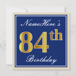Invitación Elegante, Azul, Faux Gold 84th Birthday + Nombre