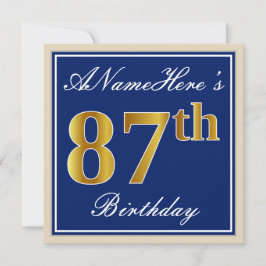 Invitación Elegante, Azul, Faux Gold 87th Birthday + Nombre