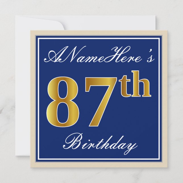 Invitación Elegante, Azul, Faux Gold 87th Birthday + Nombre (Anverso)