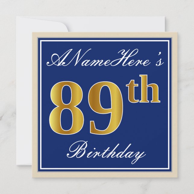 Invitación Elegante, Azul, Faux Gold 89th Birthday + Nombre (Anverso)