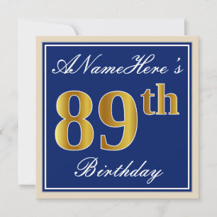 Invitación Elegante, Azul, Faux Gold 89th Birthday + Nombre