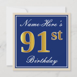 Invitación Elegante, Azul, Faux Gold 91st Birthday + Nombre