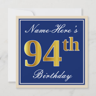 Invitación Elegante, Azul, Faux Gold 94th Birthday + Nombre