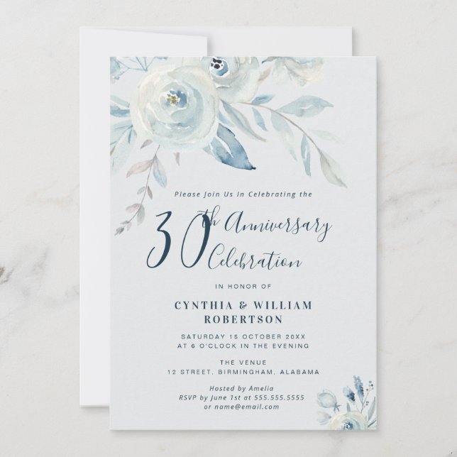 Invitación Elegante azul floral 30 aniversario boda (Anverso)