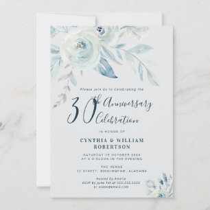 Invitación Elegante azul floral 30 aniversario boda