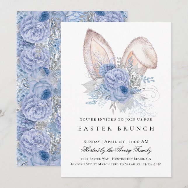 Invitación Elegante Azul Floral de Brunch de Pascua (Anverso / Reverso)