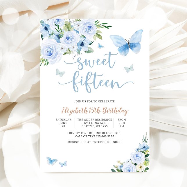 Invitación Elegante Azul Floral Dulces Quince (Subido por el creador)