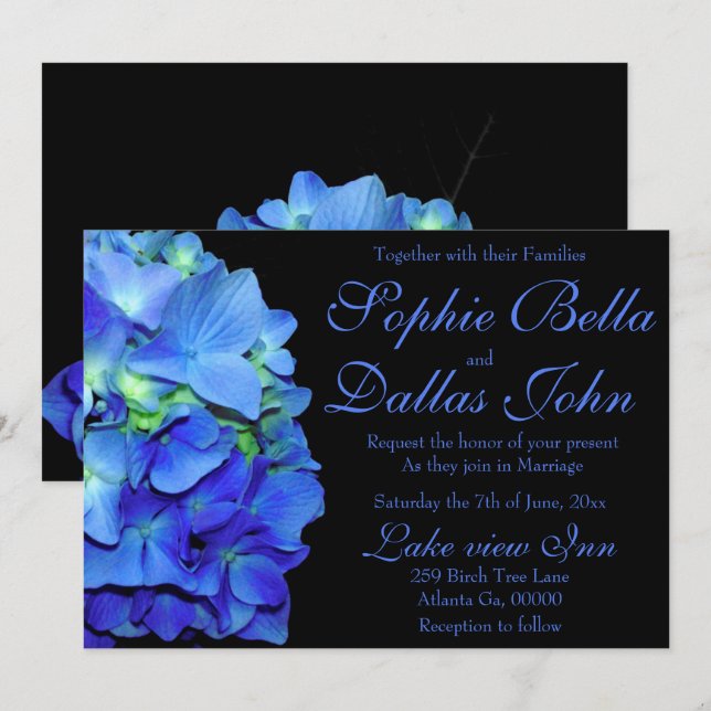 Invitación Elegante azul floral rosas azul hortensias azules (Anverso / Reverso)