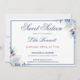 Invitación elegante azul floral Sweet 16