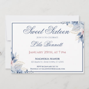 Invitación elegante azul floral Sweet 16