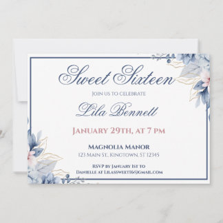 Invitación elegante azul floral Sweet 16