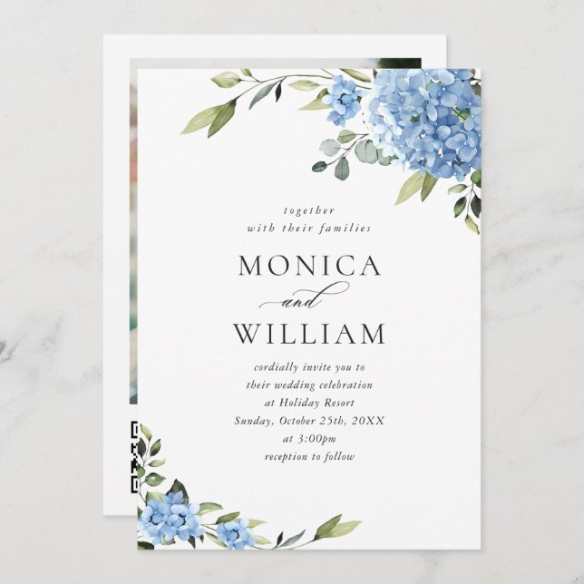Invitación Elegante azul Hydrangea Boda floral código QR (Anverso / Reverso)