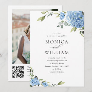 Invitación Elegante azul Hydrangea Boda floral código QR