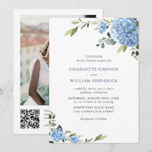 Invitación Elegante azul Hydrangea Boda floral código QR