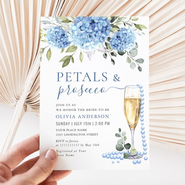 Invitación Elegante azul Hydrangea Floral PETALS & Prosecco (Subido por el creador)