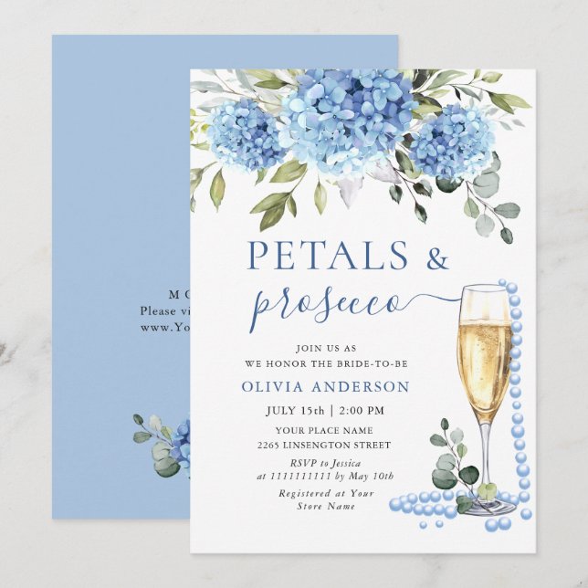 Invitación Elegante azul Hydrangea Floral PETALS & Prosecco (Anverso / Reverso)