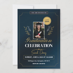 Invitación Elegante Azul Marino Blanco Moderno Lindo de Gradu