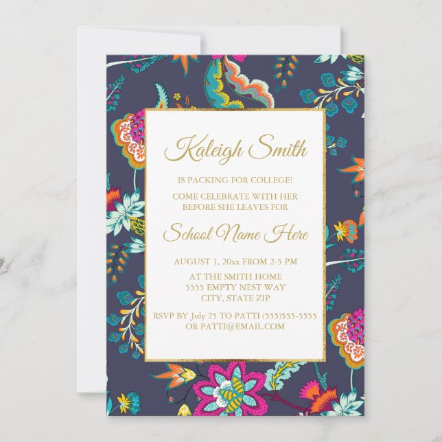 Invitación Elegante Azul Marino con Flores Doradas Fiesta de  (Anverso)
