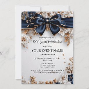 Invitación Elegante Azul Marino Dorado Floral Lazo Fiesta