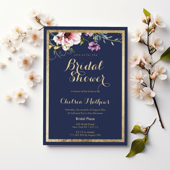Invitación Elegante azul marino dorado rosa floral Bridal Sho (Elegant navy blue gold pink floral Bridal Shower)
