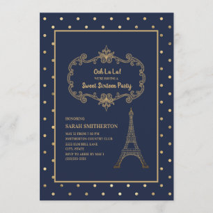 Invitación Elegante azul marino dorado Torre Eiffel Sweet 16