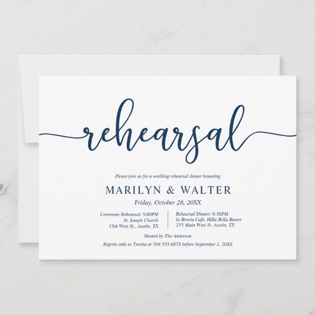 Invitación Elegante azul marino, ensayo Boda y cena (Anverso)