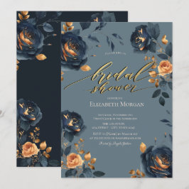 Invitación Elegante Azul Marino Flores Doradas Ducha Nupcial