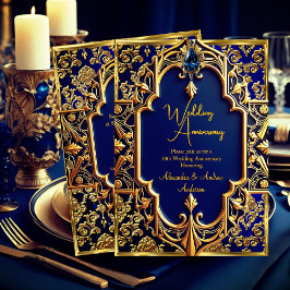 Invitación Elegante Azul Marino Joya Oro 50 Aniversario