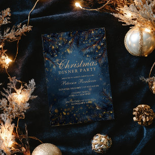 Invitación Elegante Azul Marino Luces Doradas Pino Fiesta Nav