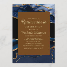 Invitación Elegante Azul Marino Mármol Oro Agata Quinceañera