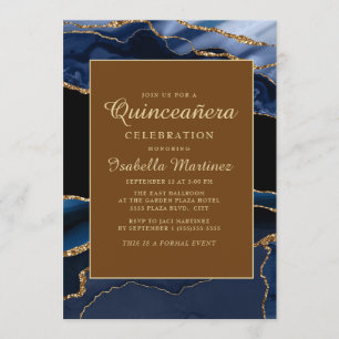 Invitación Elegante Azul Marino Mármol Oro Agata Quinceañera