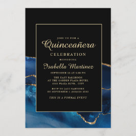 Invitación Elegante Azul Marino Oro Ágata Mármol Quinceañera