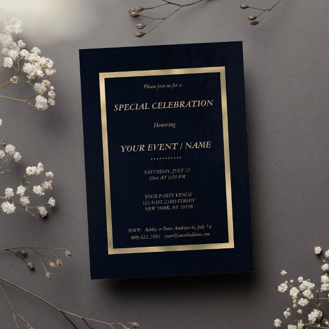 Invitación Elegante azul marino oro Evento Especial (Elegant navy blue gold Special Event )