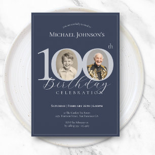 Invitación Elegante Azul Marino Plateado Foto 100 Cumpleaños