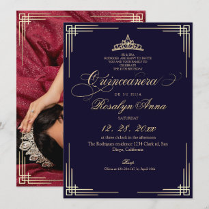 Invitación Elegante Azul Marino Princesa Quinceañera