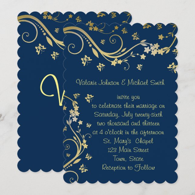 Invitación Elegante, azul marino, Relieve metalizado dorado,  (Anverso / Reverso)
