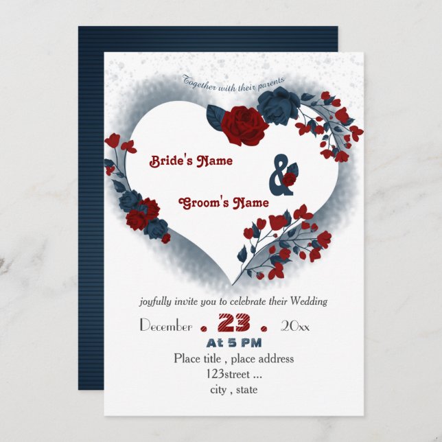 Invitación elegante azul marino rojo floral corazón de amor (Anverso / Reverso)