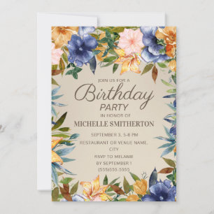 Invitación Elegante azul marino y flores amarillas Cumpleaños
