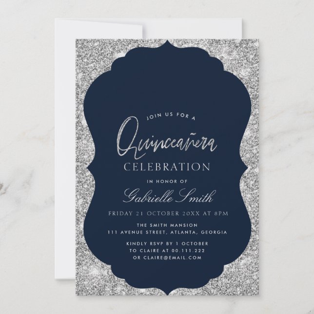 Invitación Elegante azul marino y quinceanera plateado (Anverso)