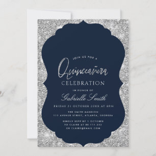 Invitación Elegante azul marino y quinceanera plateado