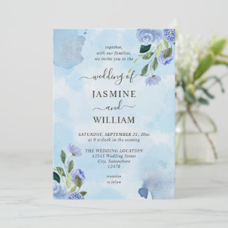 Invitación Elegante azul morado acuarela simple floral
