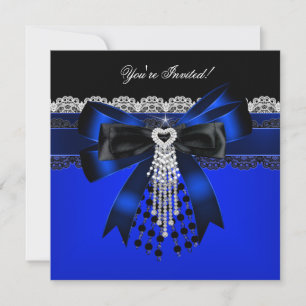 Invitación Elegante azul negro blanco diamante perla encaje f