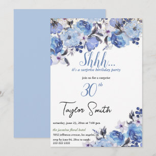Invitación elegante azul para fiesta sorpresa flor