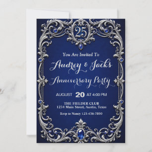 Invitación Elegante Azul Plata 25 Aniversario